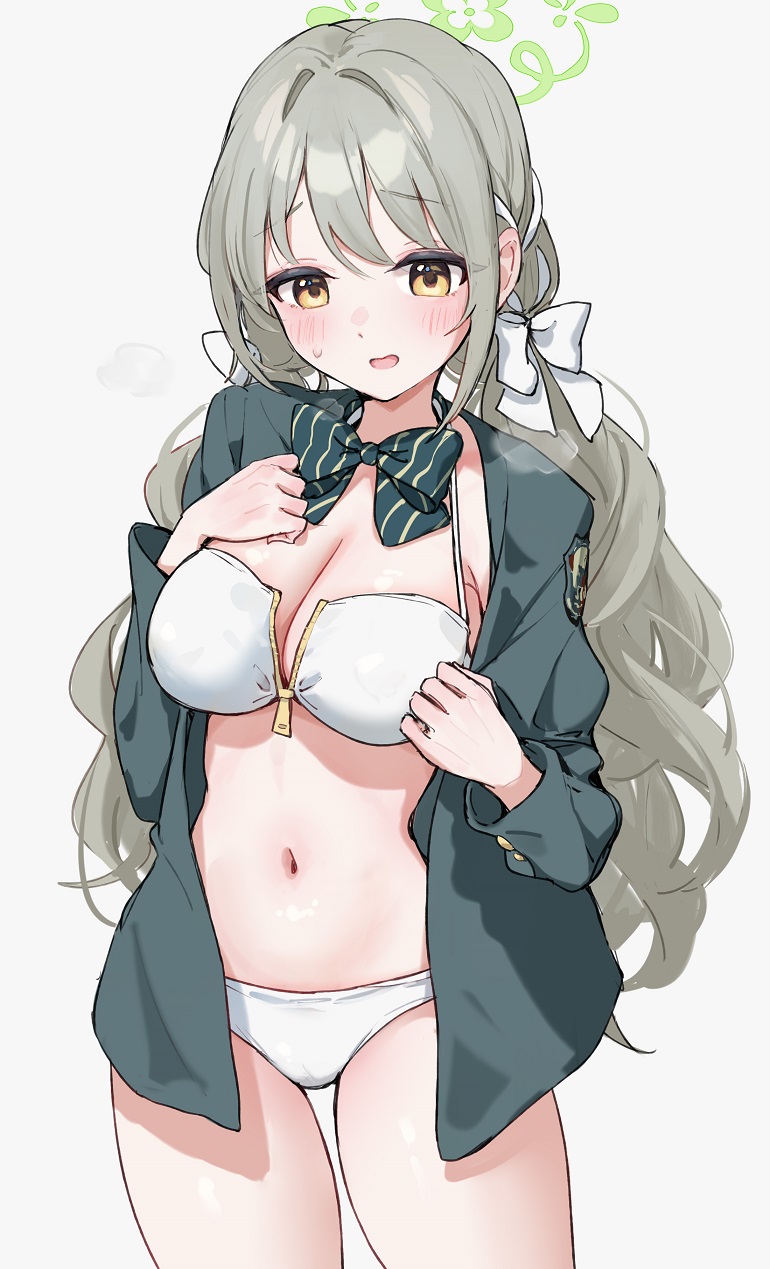 yomizu (rdad3278), miyo (blue archive), blue archive, commentary request, highres, 1girl, bikini, black bow, black bowtie, black coat, blush, bow, bowtie, braid, breasts, cleavage, coat, cowboy shot, diagonal-striped bow, diagonal-striped bowtie, diagonal-striped clothes, green halo, halo, large breasts, long hair, long sleeves, navel, nose blush, open clothes, open coat, open mouth, side braids, simple background, solo, stomach, striped bow, striped bowtie, striped clothes, sweat, swimsuit, thighs, white background, white bikini, white bow, yellow eyes
