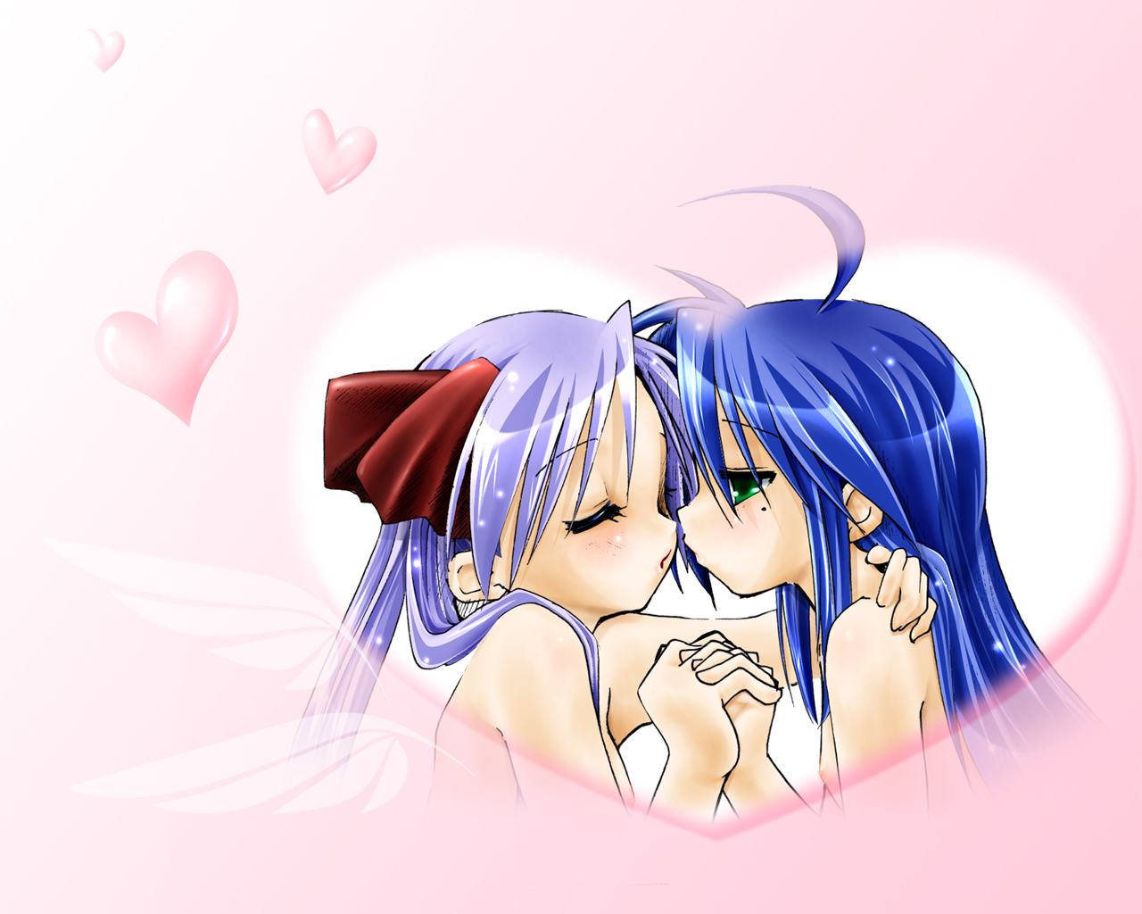 hiiragi kagami, izumi konata, lucky star, non-web source, 00s, 2girls, ahoge, blue hair, closed eyes, green eyes, heart, imminent kiss, kiss, long hair, mole, mole under eye, multiple girls, purple hair, twintails, yuri