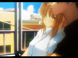ebina souichi, nanami (tokyo lover), tokyo lover, animated, animated gif, lowres, 1boy, 1girl, blinking, blush, brown eyes, brown hair, building, couple, faceless, faceless male, hetero, hug, letterboxed, qvga, sitting, sitting on lap, sitting on person, sunlight, window