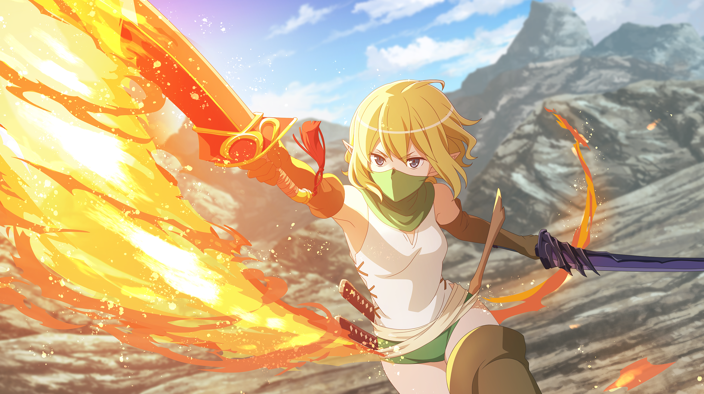 ryu lion, danmachi battle chronicle, dungeon ni deai wo motomeru no wa machigatteiru darou ka, game cg, highres, non-web source, official art, 1girl, anime coloring, attack trail, blue eyes, breasts, brown gloves, buruma, cross-laced slit, dual wielding, dynamic pose, elbow gloves, elf, fire, foreshortening, gloves, green buruma, green hair, green mask, hand up, holding, holding sword, holding weapon, incoming attack, looking at viewer, mask, mouth mask, ninja mask, outdoors, pointy ears, short hair, small breasts, solo, swinging weapon, sword, sword tassel, tank top, tassel, weapon, white tank top, wooden sword