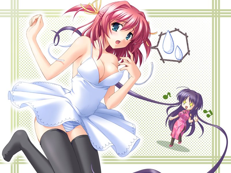 tsukasa yuuki, kobayakawa madoka, shinonome yukako, natsumegu, artist request, game cg, non-web source, source request, 2girls, black hair, black thighhighs, blue eyes, breasts, china dress, chinese clothes, dress, large breasts, long hair, multiple girls, musical note, no bra, panties, red hair, short hair, spoken sweatdrop, striped clothes, striped panties, sweatdrop, thighhighs, underwear, wardrobe malfunction