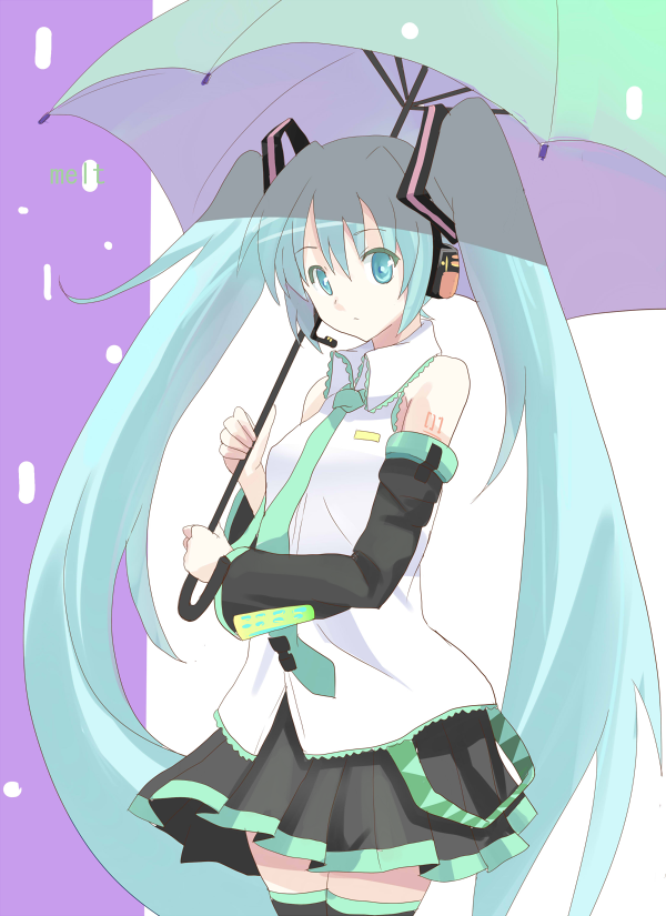 hyakuen raitaa, hatsune miku, melt (vocaloid), vocaloid, bad id, bad pixiv id, blue eyes, blue hair, detached sleeves, headset, long hair, necktie, skirt, solo, thighhighs, twintails, umbrella, very long hair, zettai ryouiki