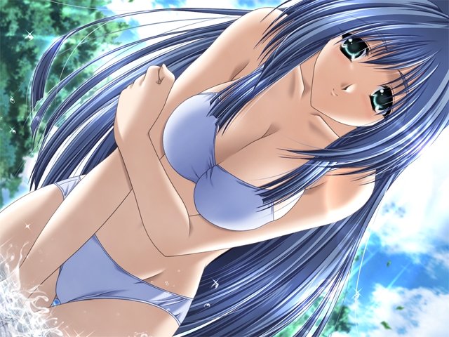 aoi hatori, kazusagawa mizuha, doki doki princess, game cg, non-web source, 1girl, bikini, blue bikini, blue hair, breasts, breasts squeezed together, cleavage, collarbone, dutch angle, female focus, green eyes, large breasts, light rays, long hair, looking at viewer, smile, solo, splashing, standing, sunbeam, sunlight, swimsuit, tree, wading, water