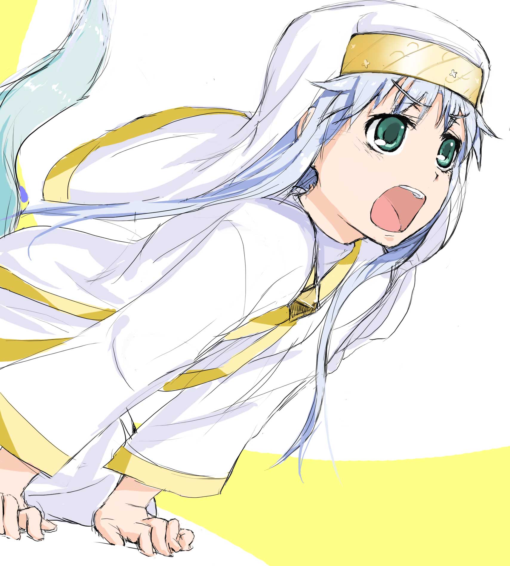 fura, index (toaru majutsu no index), toaru majutsu no index, silver hair, highres, 00s, 1girl, :o, arm support, cloak, female focus, green eyes, impossible clothes, long hair, long sleeves, looking afar, open mouth, solo, veil, very long hair, white background
