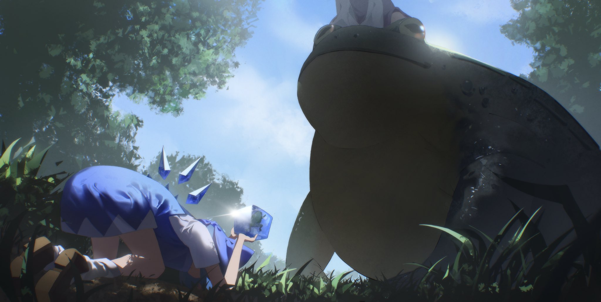 kinoko (kino2435006), cirno, moriya suwako, touhou, commentary request, highres, 2girls, animal, apologizing, blue bow, blue dress, blue hair, blue sky, bow, bowing, brown shoes, cloud, dogeza, dress, fairy, frog, frozen frog, ice, ice wings, multiple girls, outdoors, oversized animal, shoes, sky, socks, tree, white socks, wings