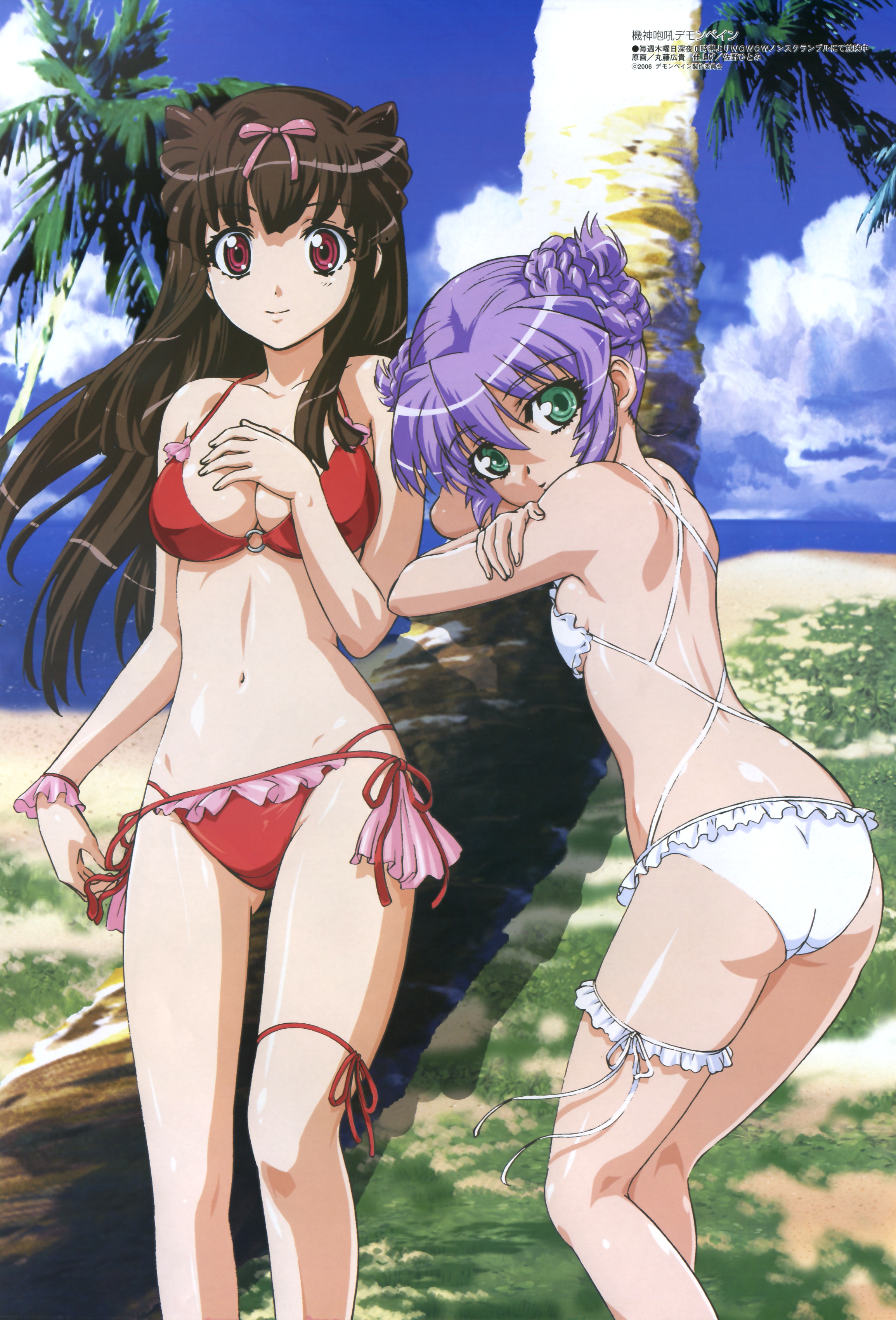 marufuji hirotaka, al azif (demonbane), hadou ruri, demonbane, megami magazine, arm grab, absurdres, highres, official art, scan, 00s, 2girls, :d, against tree, alternate hairstyle, ass, back, beach, bikini, bow, breasts, brown hair, cleavage, cloud, crossed arms, day, double bun, eyelashes, flat chest, floating hair, frilled bikini, frilled thigh strap, frills, grass, green eyes, hair between eyes, hair bow, hair bun, hair up, hand on own chest, head tilt, kneepits, leaning forward, leg ribbon, legs, long hair, looking at viewer, looking back, medium breasts, multiple girls, navel, o-ring, o-ring top, ocean, open mouth, outdoors, palm tree, profile, purple hair, red eyes, ribbon, shadow, short hair, side-tie bikini bottom, sideboob, sidelocks, sky, small breasts, smile, standing, swimsuit, thigh ribbon, thigh strap, tree, water, white bikini, wristband