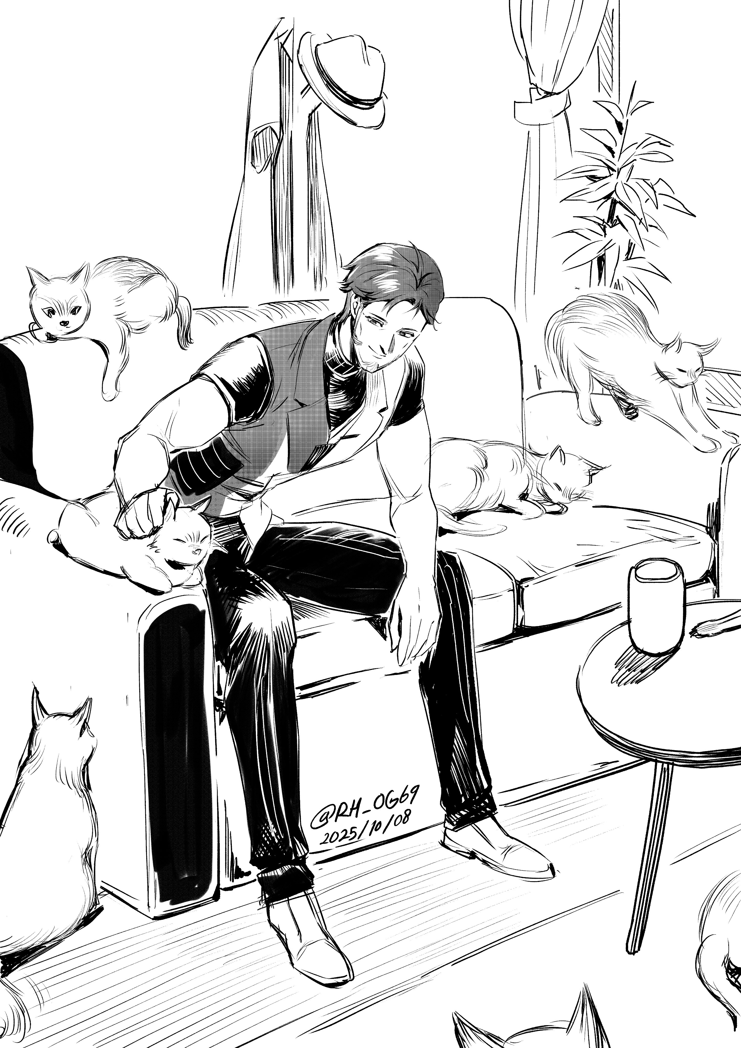 rh og69, yuanwu (wuthering waves), wuthering waves, absurdres, commentary, english commentary, highres, 1boy, cat, couch, dated, greyscale, hat, looking at animal, male focus, mature male, monochrome, multiple cats, on couch, pants, petting, short hair, short sleeves, sitting, smile, solo, toned, toned male, twitter username, unworn hat, unworn headwear, vest
