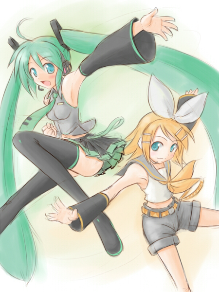 satogo, hatsune miku, kagamine rin, vocaloid, bad id, bad pixiv id, 2girls, ahoge, armpits, blonde hair, blue eyes, detached sleeves, green hair, headset, long hair, midriff, multiple girls, necktie, shorts, skirt, thighhighs, twintails