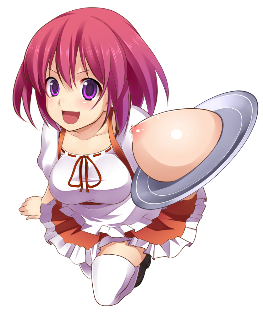 aoinagi, kushieda minori, toradora!, 00s, 1girl, breast on tray, breasts, female focus, open mouth, purple eyes, smile, solo, thighhighs, tray, waitress, what