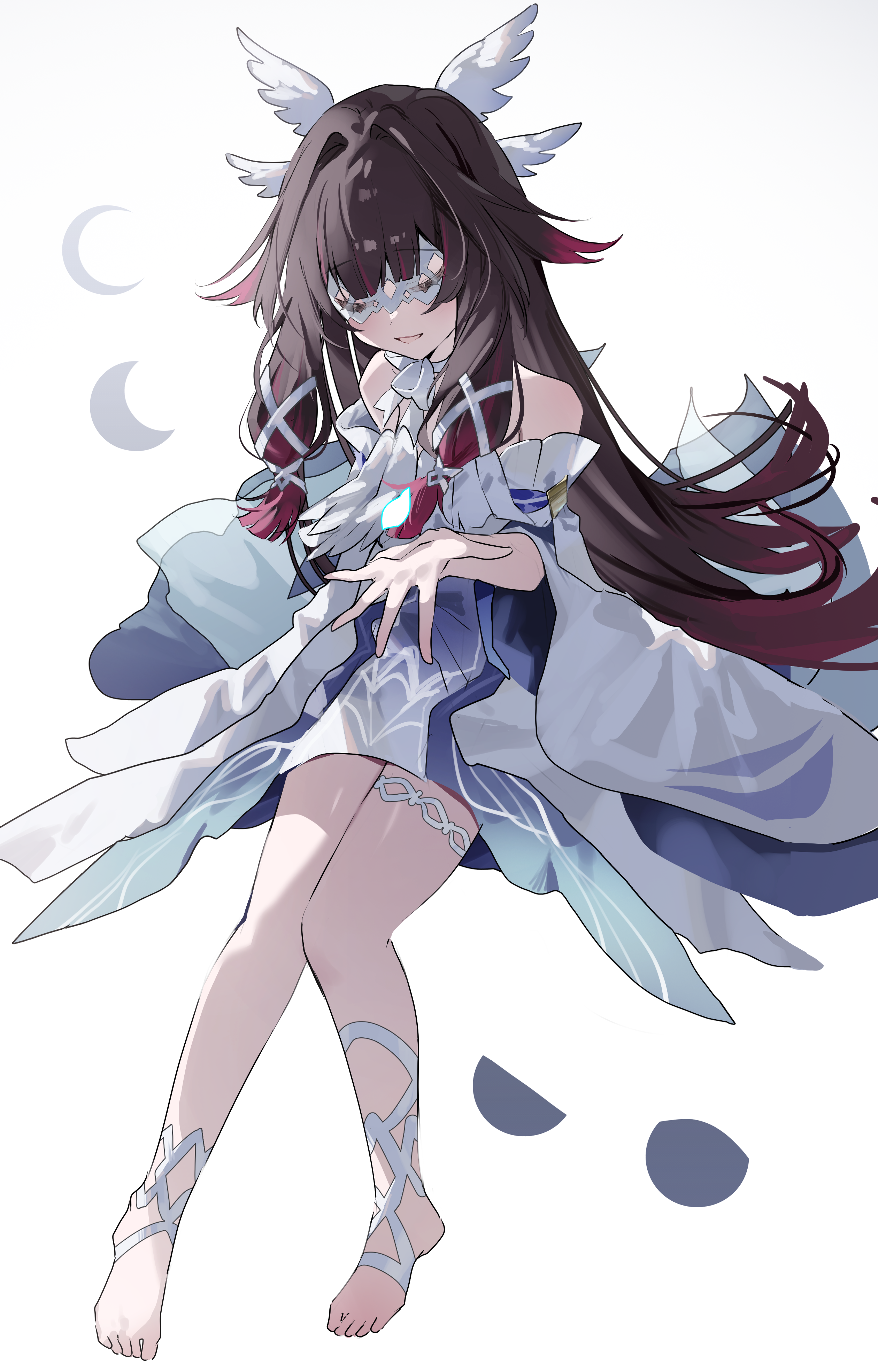 sorani (kaeru0768), columbina (genshin impact), genshin impact, absurdres, highres, 1girl, bare shoulders, black hair, closed eyes, dress, eye mask, feathered wings, full body, glowing, glowing petals, head wings, long hair, long sleeves, moon phases, multicolored hair, off-shoulder dress, off shoulder, parted lips, petals, pink hair, sidelocks, solo, two-tone hair, white background, white dress, white wings, wide sleeves, wings