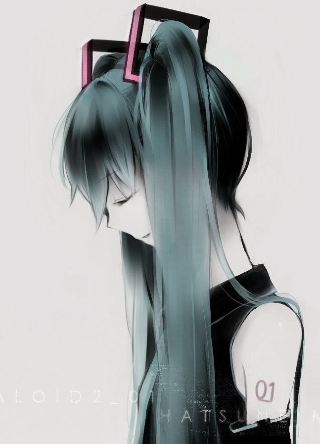 hakoda eko, hakodaeko, hatsune miku, vocaloid, closed eyes, detached sleeves, long hair, solo, twintails