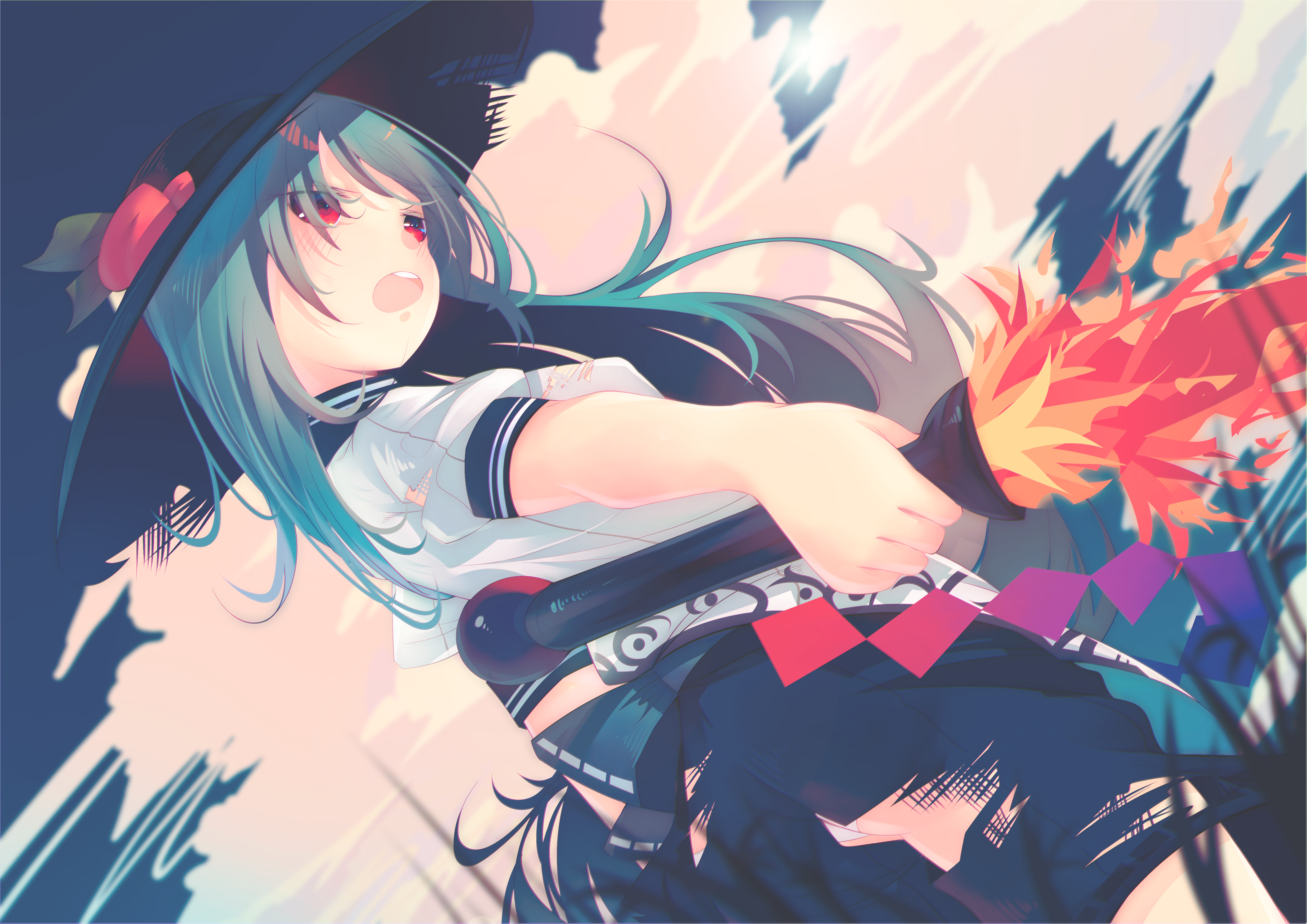 penglai tea, hinanawi tenshi, touhou, absurdres, highres, 1girl, black hat, black skirt, blue hair, cloud, cloudy sky, dutch angle, hat, open mouth, panties, panty peek, red eyes, shirt, short sleeves, skirt, sky, solo, sword of hisou, torn clothes, torn shirt, torn skirt, underwear, white shirt