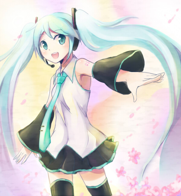 riru, hatsune miku, vocaloid, bad id, bad pixiv id, blue hair, detached sleeves, green eyes, headset, long hair, necktie, skirt, solo, thighhighs, twintails, zettai ryouiki