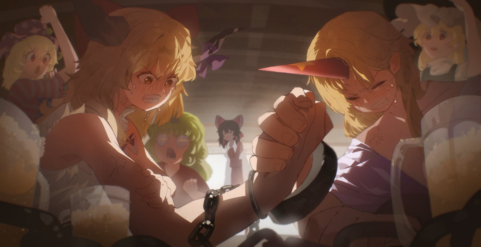 kinoko (kino2435006), clownpiece, hakurei reimu, hoshiguma yuugi, ibuki suika, kirisame marisa, komano aunn, touhou, highres, 6+girls, american flag, american flag print, arm wrestling, black hair, black vest, blonde hair, blush, bow, chain, closed eyes, flag print, green hair, grin, hat, horns, indoors, long hair, medium hair, multiple girls, red bow, red eyes, red shirt, shirt, single horn, smile, teeth, vest, white shirt, witch hat, yellow eyes