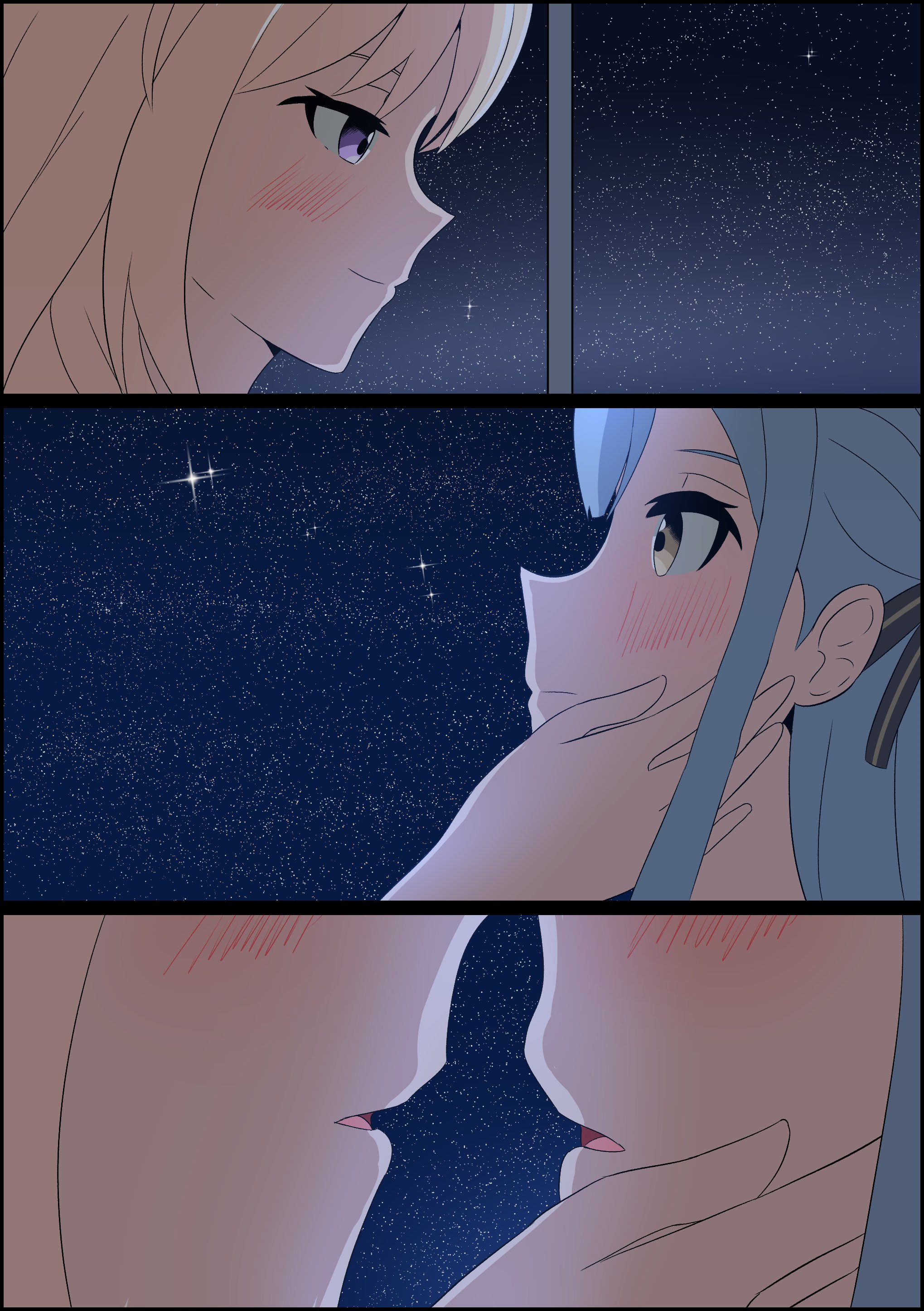 rienz, misumi uika, togawa sakiko, bang dream!, bang dream! it's mygo!!!!!, absurdres, commentary, highres, 2girls, blonde hair, blue hair, blush, closed mouth, hand on another's face, imminent kiss, looking at another, multiple girls, parted lips, purple eyes, sky, star (sky), starry sky, yellow eyes, yuri