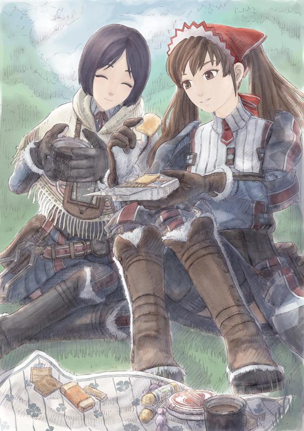 alicia melchiott, isara gunther, sega, senjou no valkyria, senjou no valkyria (series), senjou no valkyria 1, official art, 00s, 2girls, blue hair, boots, brown eyes, brown hair, closed eyes, food, fringe trim, military, military uniform, multiple girls, picnic, poncho, short hair, sitting, smile, thighhighs, twintails