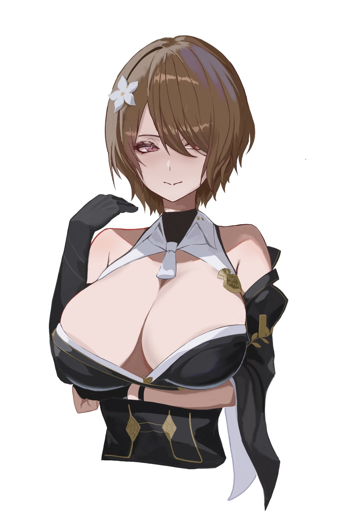 vespar4, rita rossweisse, honkai (series), honkai impact 3rd, commentary, highres, 1girl, alternate breast size (larger), bare shoulders, black dress, black gloves, breasts, cropped torso, dress, elbow gloves, flower, gloves, hair flower, hair ornament, huge breasts, purple eyes, short hair, simple background, solo, white background