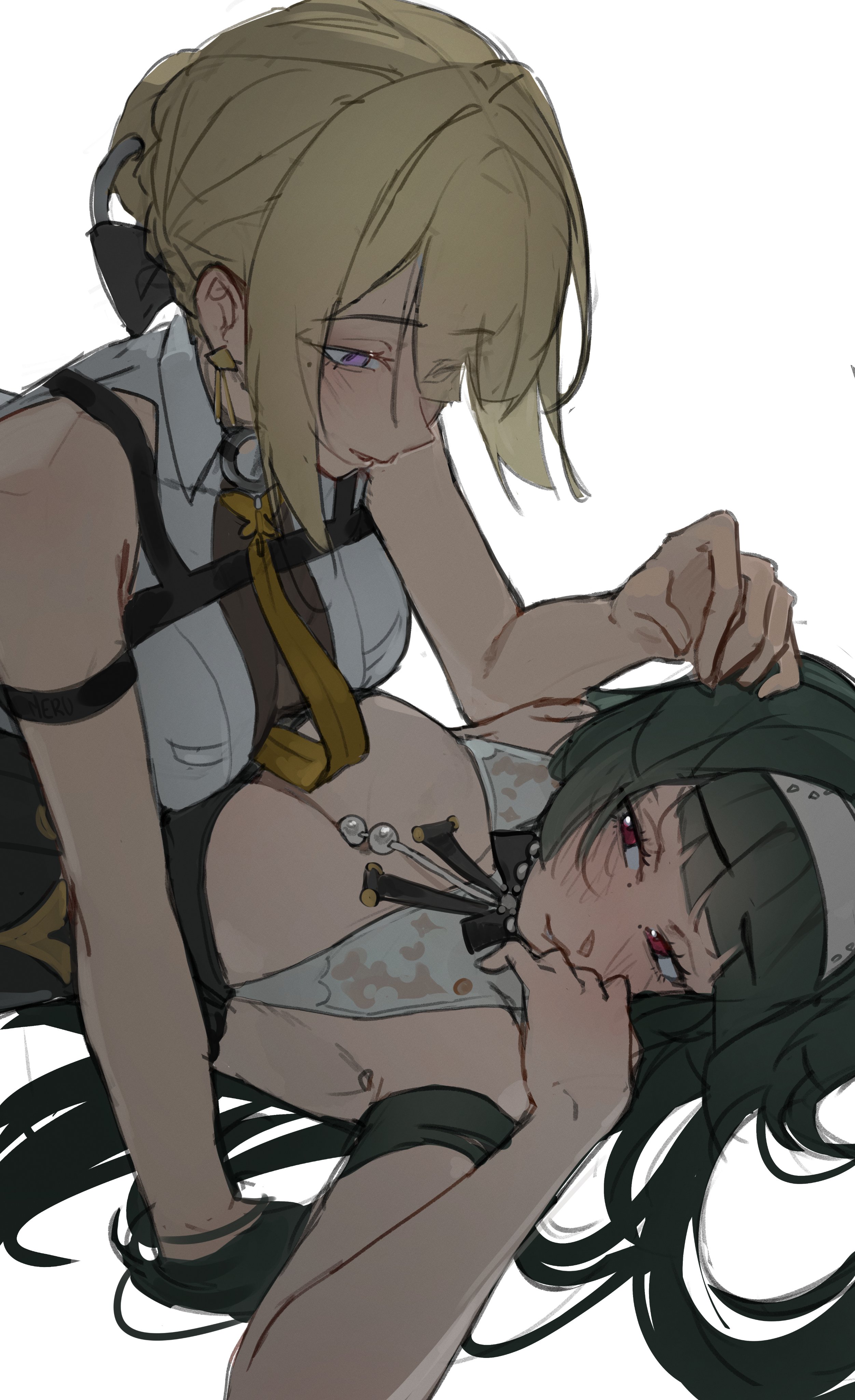 m3ru, astra yao, astra yao (chandelier), evelyn chevalier, zenless zone zero, absurdres, commentary, highres, 2girls, bare arms, black gloves, black hair, blonde hair, blush, breast press, breasts, cleavage, collared shirt, gloves, hair bun, large breasts, mole, mole under eye, multiple girls, parted lips, purple eyes, red eyes, shirt, simple background, sleeveless, sleeveless shirt, symmetrical docking, white background, white shirt, yuri