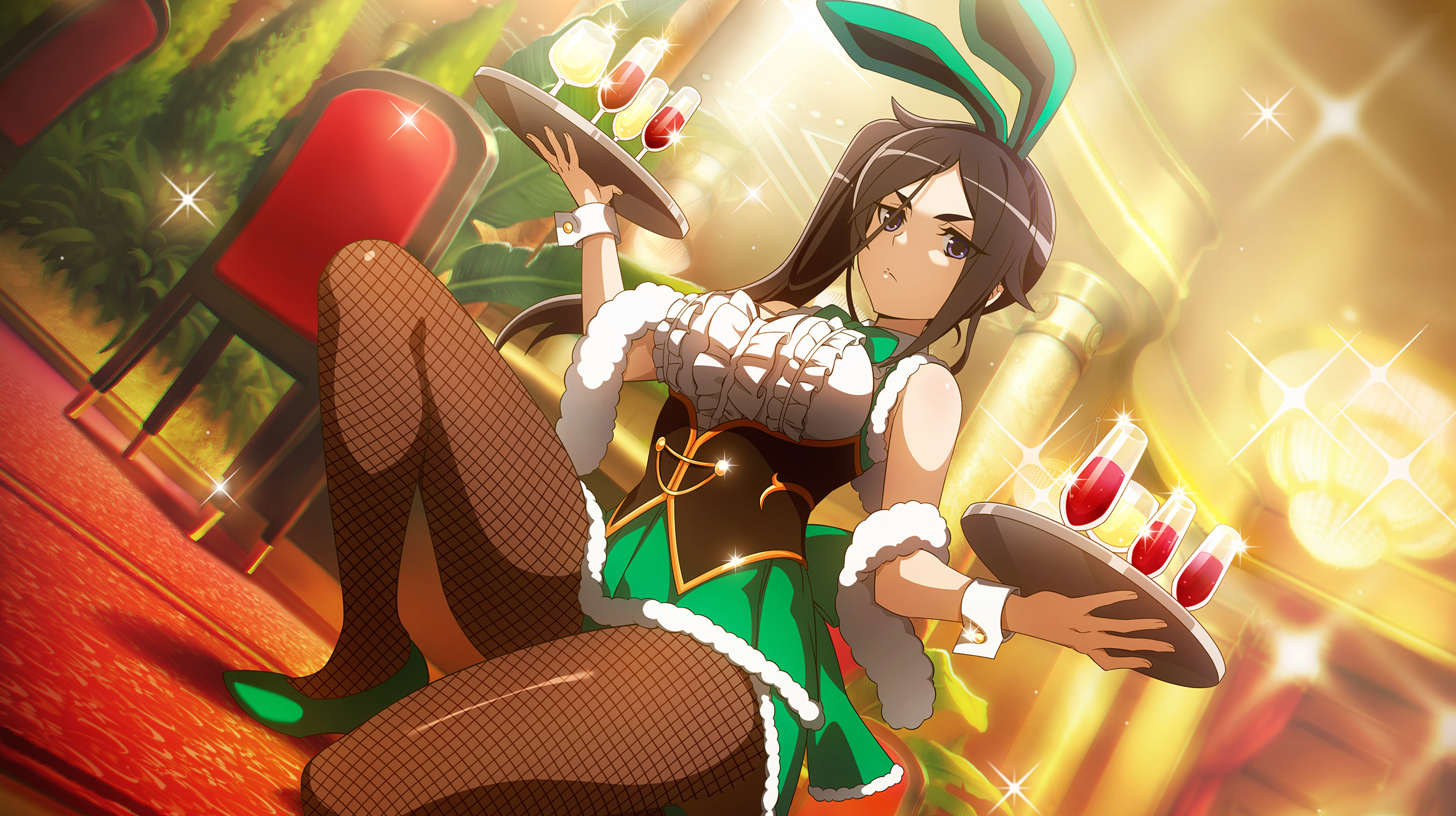 yamato mikoto, danmachi battle chronicle, dungeon ni deai wo motomeru no wa machigatteiru darou ka, game cg, highres, non-web source, official art, 1girl, alcohol, anime coloring, black corset, black hair, bow, bowtie, breasts, center frills, chair, closed mouth, corset, cup, dress, drinking glass, fishnet pantyhose, fishnets, frilled dress, frills, fur-trimmed dress, fur trim, green bow, green bowtie, green dress, green shoes, hand up, high side ponytail, holding, holding tray, indoors, looking at viewer, medium breasts, nontraditional playboy bunny, on one knee, pantyhose, parted bangs, purple eyes, shoes, solo, thighs, tray, two-tone dress, underbust, white dress, white wrist cuffs, wrist cuffs