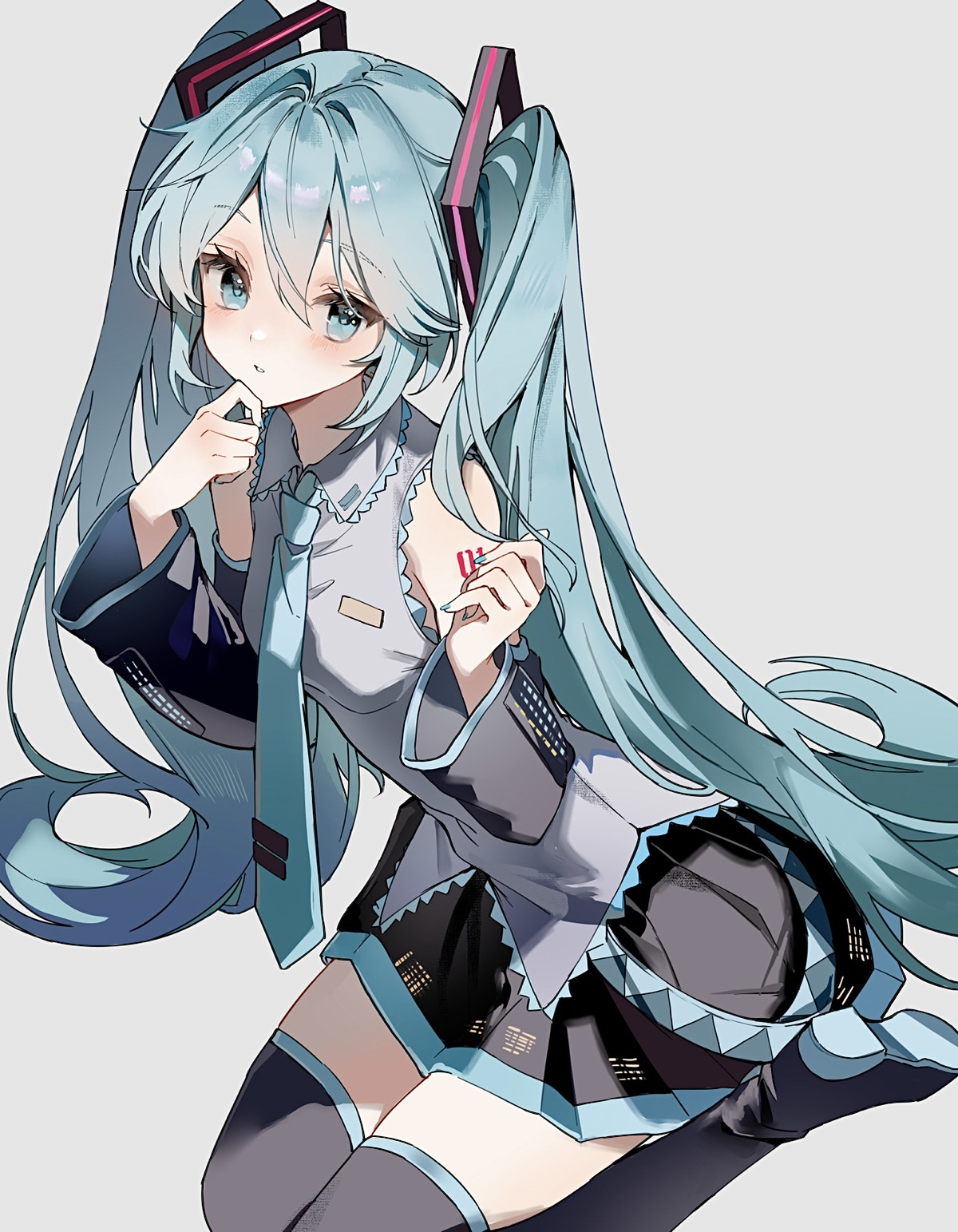 dan huang su tankou, hatsune miku, vocaloid, highres, 1girl, aqua eyes, aqua hair, aqua nails, aqua necktie, aqua trim, arm tattoo, black skirt, blush, boots, breasts, collared shirt, detached sleeves, grey shirt, hair between eyes, hair ornament, long hair, long sleeves, looking at viewer, medium breasts, miniskirt, necktie, number tattoo, parted lips, pleated skirt, shirt, skirt, smile, solo, tattoo, thick thighs, thigh boots, thighhighs, thighs, twintails, very long hair, wide sleeves, zettai ryouiki