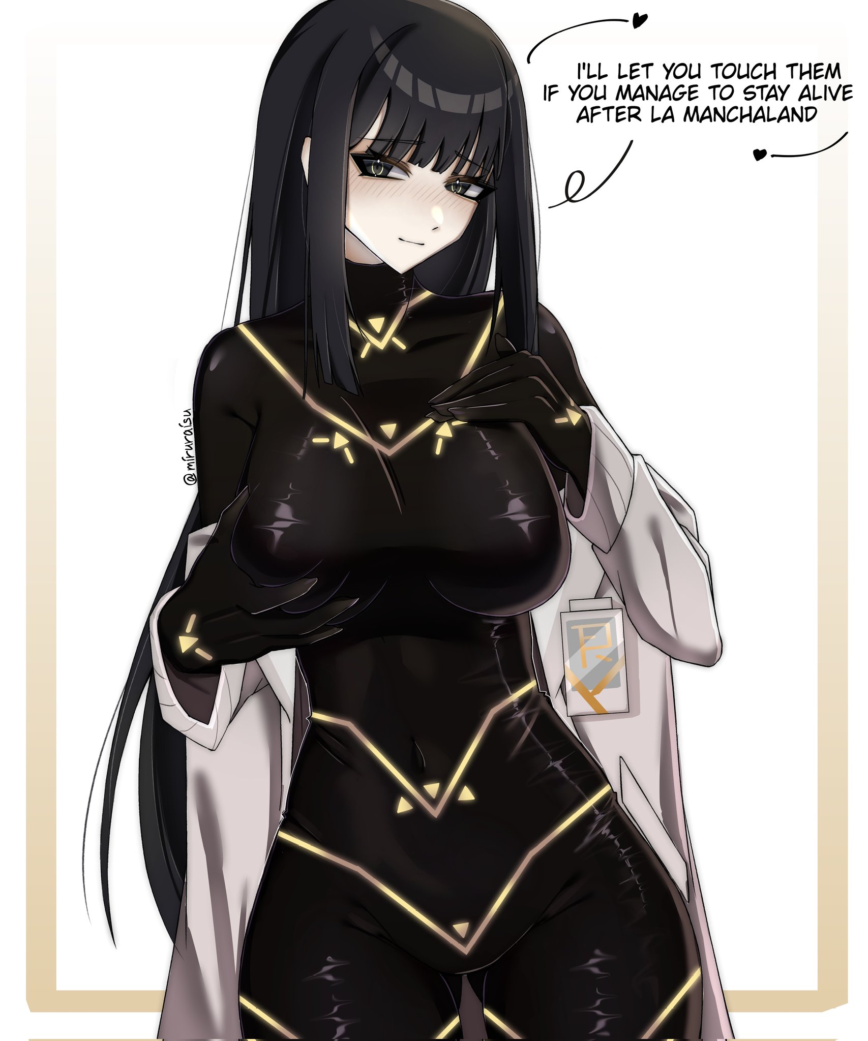 miruraisu, cesara (project moon), limbus company, project moon, highres, artist name, black eyes, black gloves, black hair, blush, bodysuit, breasts, covered navel, cowboy shot, english text, gloves, green eyes, heart, hime cut, lab coat, light blush, looking at viewer, medium breasts, navel, off shoulder, simple background