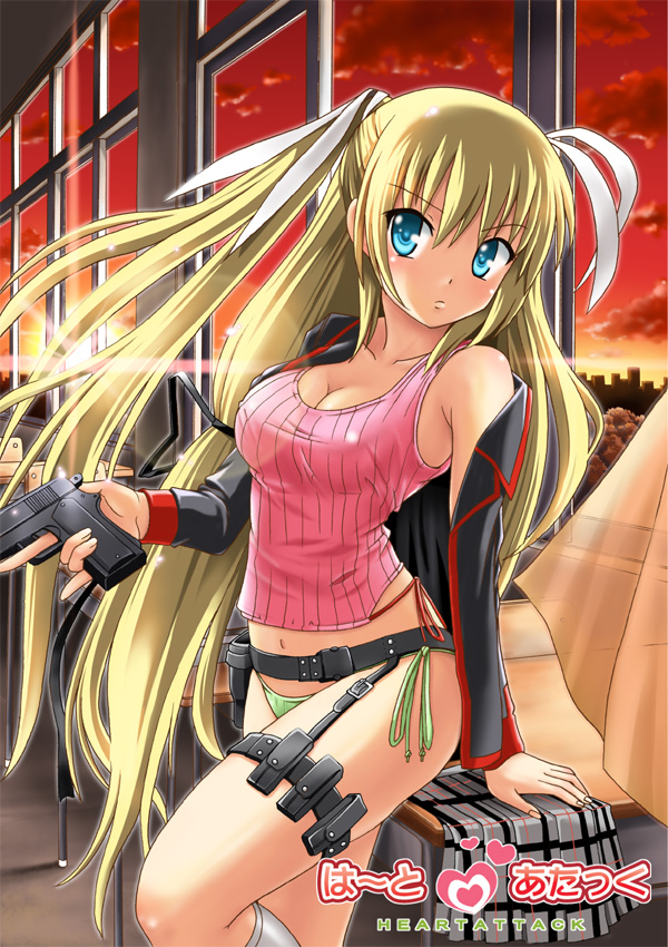 fujishima shinnosuke, tokido saya, little busters!, bad id, bad pixiv id, 1girl, blonde hair, blue eyes, breasts, cleavage, female focus, gun, handgun, long hair, magazine (weapon), no pants, panties, pistol, side-tie panties, solo, sunset, tank top, thigh strap, underwear, very long hair, weapon
