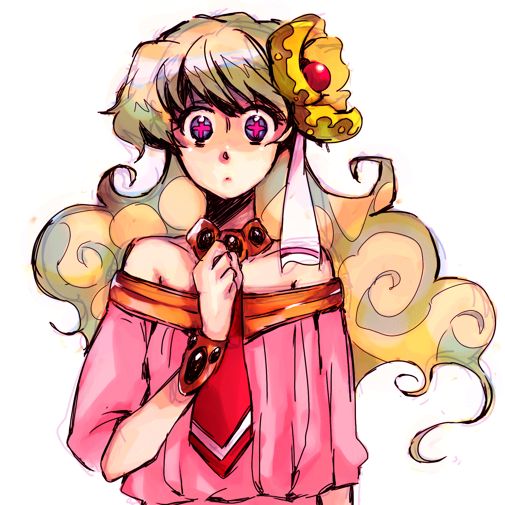 nakatsun, nia teppelin, tengen toppa gurren lagann, bad id, bad pixiv id, highres, 00s, bare shoulders, blouse, bracelet, flower, hair flower, hair ornament, jewelry, long hair, multicolored hair, necktie, o o, shirt, solo