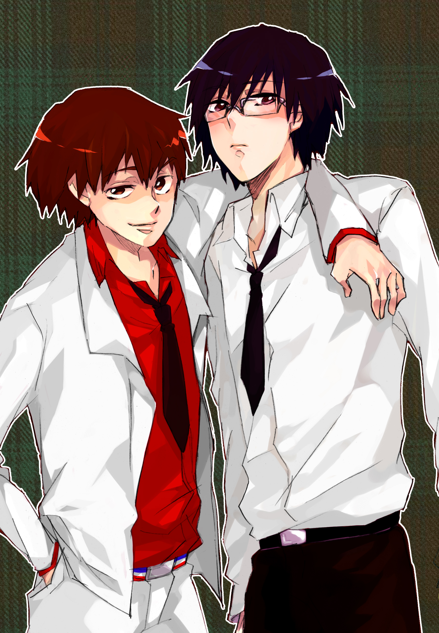 nakatsun, hayase kouichi, moritsugu reiji, kurogane no linebarrel, black neckwear, plaid, absurdres, bad id, bad pixiv id, highres, 00s, 2boys, arm around shoulder, belt, black hair, blazer, brown hair, casual, formal clothes, glasses, jacket, male focus, multiple boys, necktie, pants, red shirt, shirt, short hair, suit, white pants, white shirt