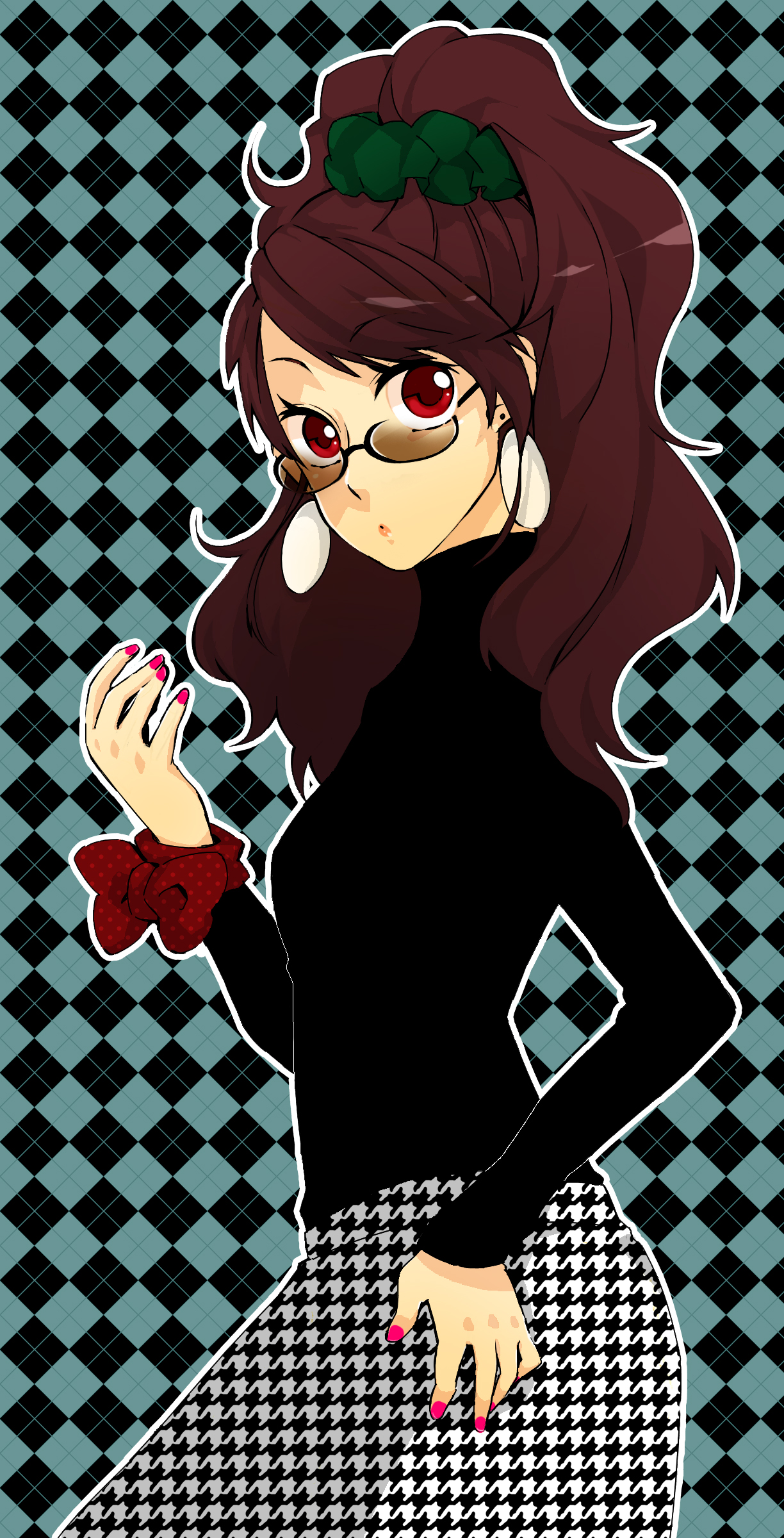 nakatsun, kujikawa rise, atlus, persona, persona 4, plaid, absurdres, bad id, bad pixiv id, highres, 1girl, argyle background, argyle clothes, earrings, female focus, glasses, hair tie, houndstooth, jewelry, nail polish, pink nails, ponytail, red eyes, skirt, solo, turtleneck, unmoving pattern, wavy hair