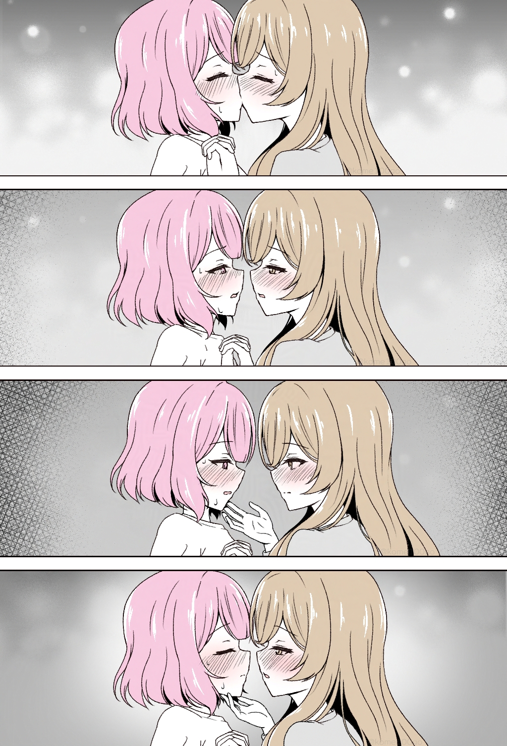 fortefalse, amaori renako, sena ajisai, watashi ga koibito ni nareru wake naijan murimuri!, commentary request, highres, 2girls, blush, brown eyes, brown hair, closed eyes, eye contact, hand on another's chin, holding hands, interlocked fingers, kiss, long hair, looking at another, medium hair, multiple girls, parted lips, pink eyes, pink hair, yuri