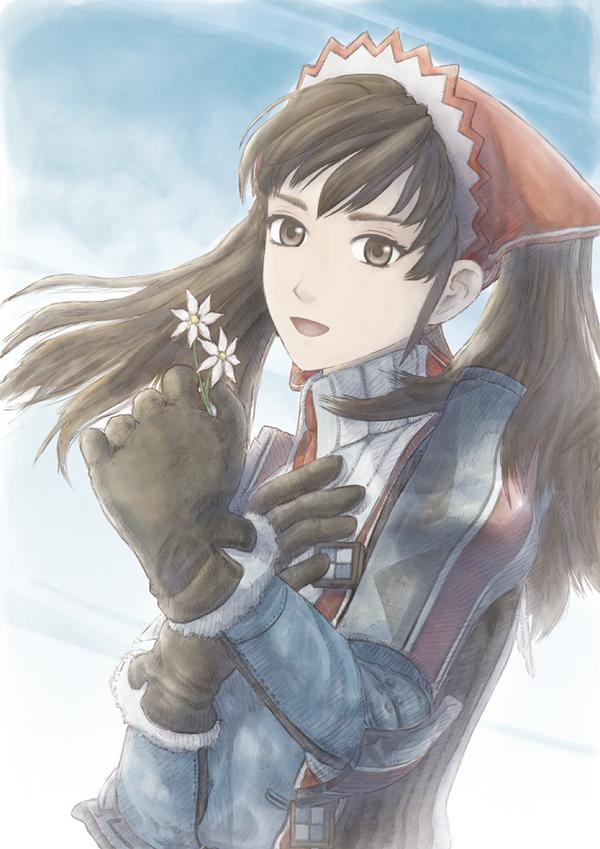 alicia melchiott, senjou no valkyria, senjou no valkyria (series), senjou no valkyria 1, official art, 00s, brown eyes, brown hair, flower, gloves, military, military uniform, smile, solo, twintails