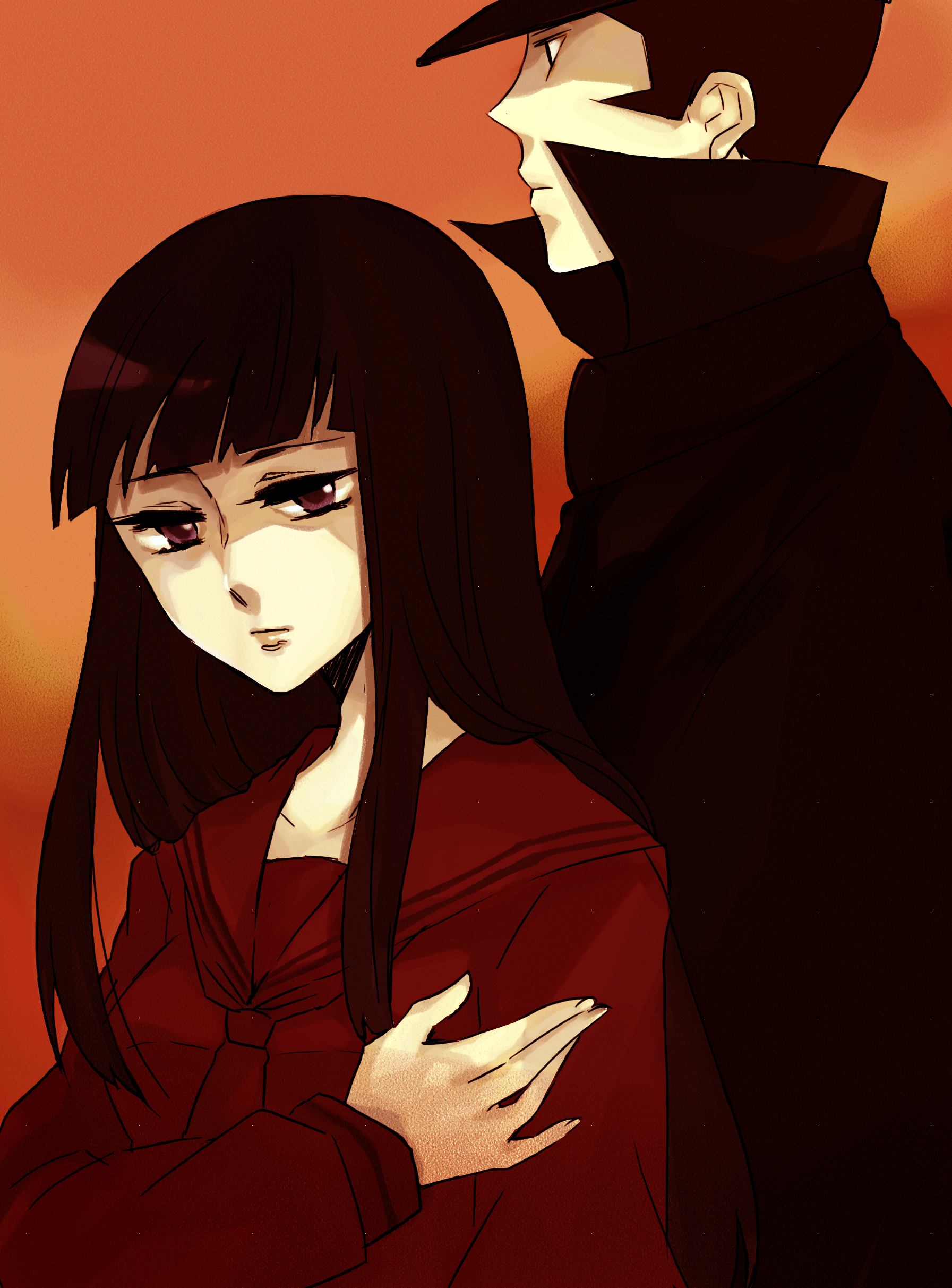 nakatsun, daidoji kaya, kuzunoha raidou, devil summoner (series), raidou kuzunoha vs the soulless army, absurdres, bad id, bad pixiv id, highres, 1boy, 1girl, black hair, coat, pink eyes, school uniform, serafuku, trench coat, upper body