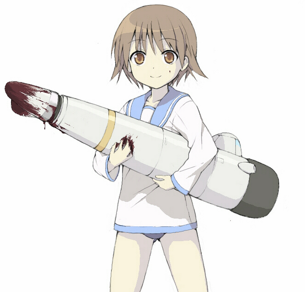 nnyu, miyafuji yoshika, strike witches, world witches series, bad id, bad pixiv id, 00s, 1girl, blood, brown eyes, brown hair, female focus, mecha musume, sailor, school uniform, serafuku, short hair, smile, solo, striker unit, yandere