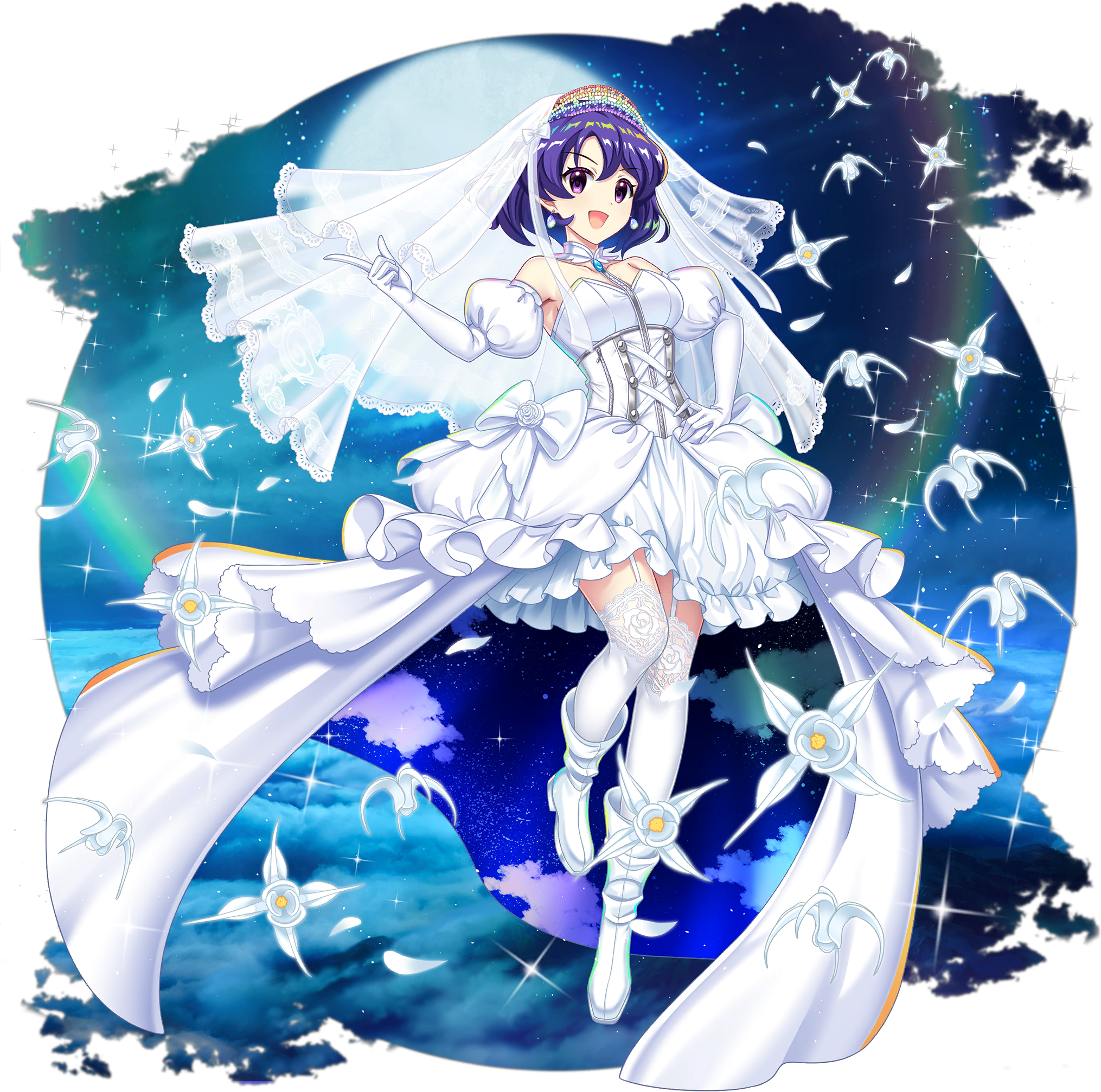 rotte (1109), tenkyuu chimata, touhou, touhou lostword, game cg, highres, official art, tagme, third-party source, 1girl, alternate costume, blue hair, dress, elbow gloves, full body, gloves, purple eyes, purple hair, short hair, solo, wedding dress, white dress, white gloves