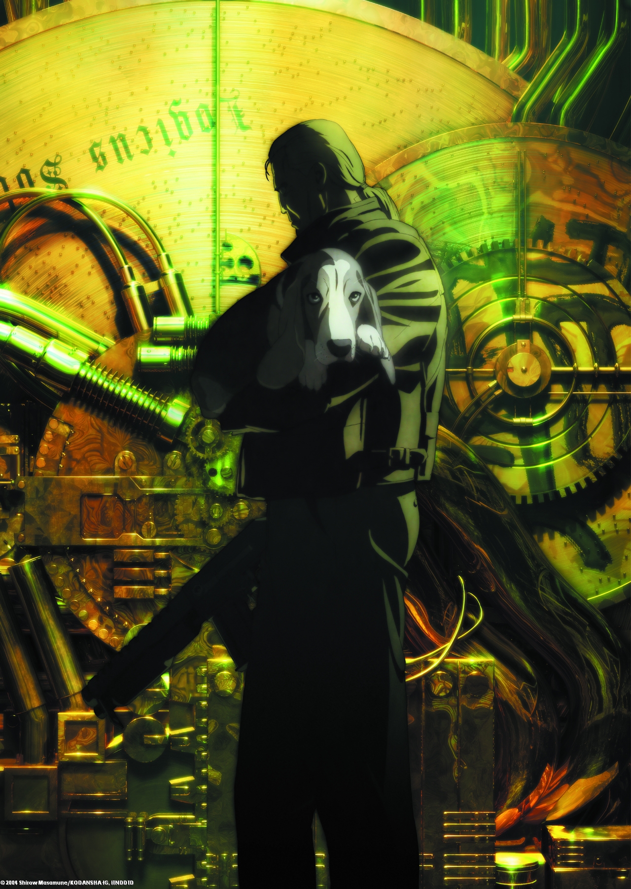 batou (gits), ghost in the shell, ghost in the shell: innocence, ghost in the shell: stand alone complex, highres, scan, 00s, 1boy, 2004, coat, dog, gun, male focus, ponytail, solo, trench coat, weapon