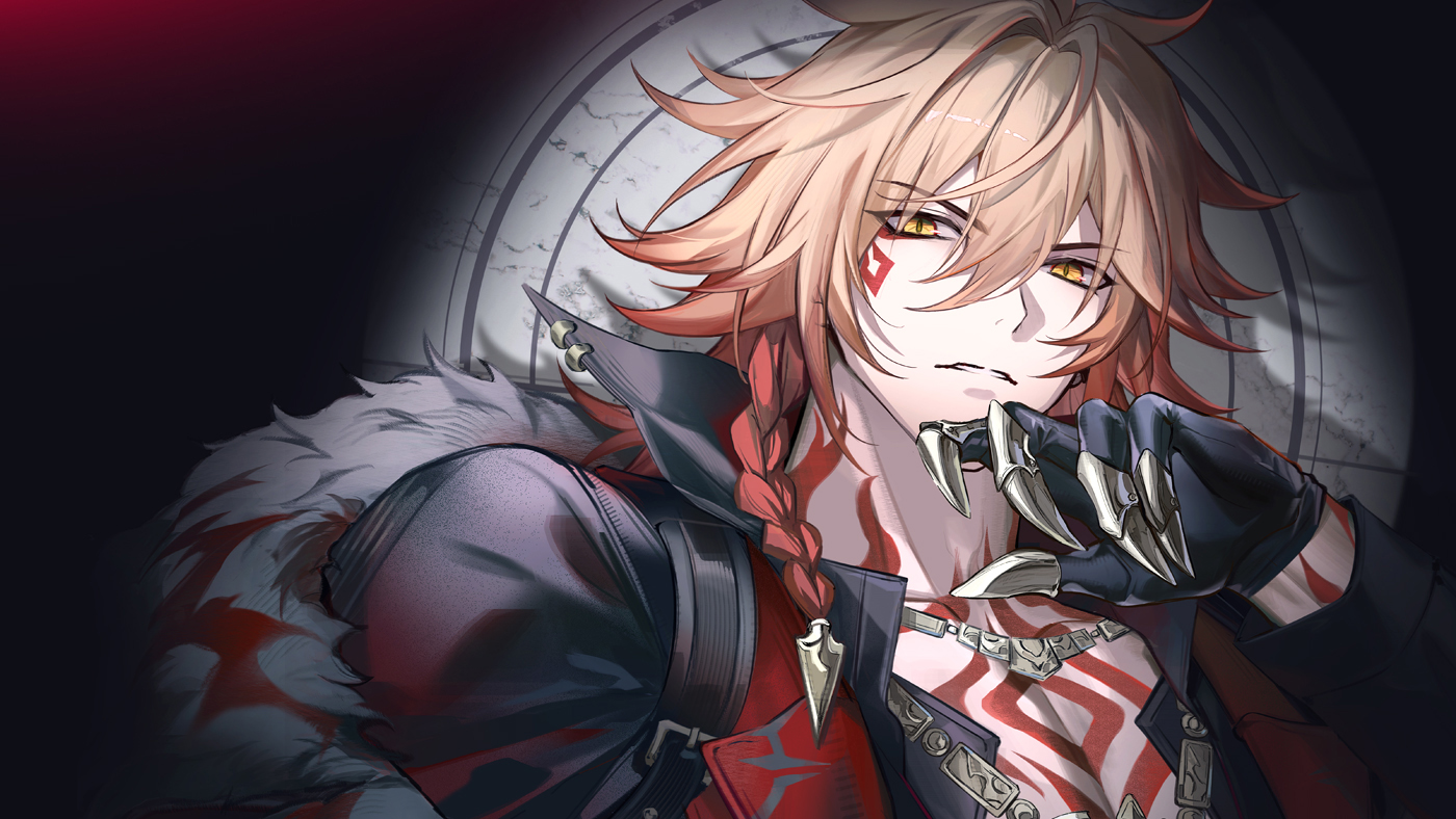 darkavey, mydei (honkai: star rail), honkai: star rail, honkai (series), commentary, english commentary, 1boy, arm tattoo, black gloves, black shirt, blonde hair, braid, chest tattoo, collared shirt, facial tattoo, fur trim, gloves, gold necklace, gradient hair, jewelry, male focus, medium hair, multicolored hair, necklace, pectoral cleavage, pectorals, red hair, red tattoo, shirt, side braid, solo, spotlight, tattoo, yellow eyes