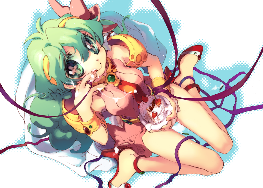 sagano aoi, nia teppelin, tengen toppa gurren lagann, + +, 00s, 1girl, armlet, bracelet, cake, cape, cross-shaped pupils, dress, female focus, flower, food, green hair, hair flower, hair ornament, high heels, icing, jewelry, long hair, necktie, pastry, pink dress, pink skirt, ribbon, shoes, skirt, sleeveless, solo, symbol-shaped pupils