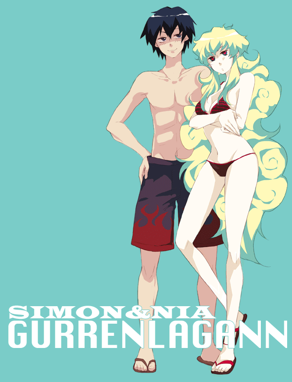nakatsun, nia teppelin, simon (ttgl), tengen toppa gurren lagann, bad id, bad pixiv id, 00s, 1boy, 1girl, bikini, blue hair, breasts, briefs, cleavage, couple, curly hair, flip-flops, hetero, long hair, male underwear, multicolored hair, sandals, short hair, shorts, swimsuit, underwear