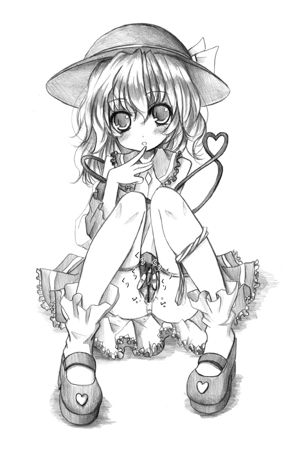 kurona, komeiji koishi, touhou, bad id, bad pixiv id, 1girl, censored, female focus, greyscale, hat, heart, monochrome, panties, panties around leg, pussy, sitting, solo, spread pussy, spreading own pussy, underwear