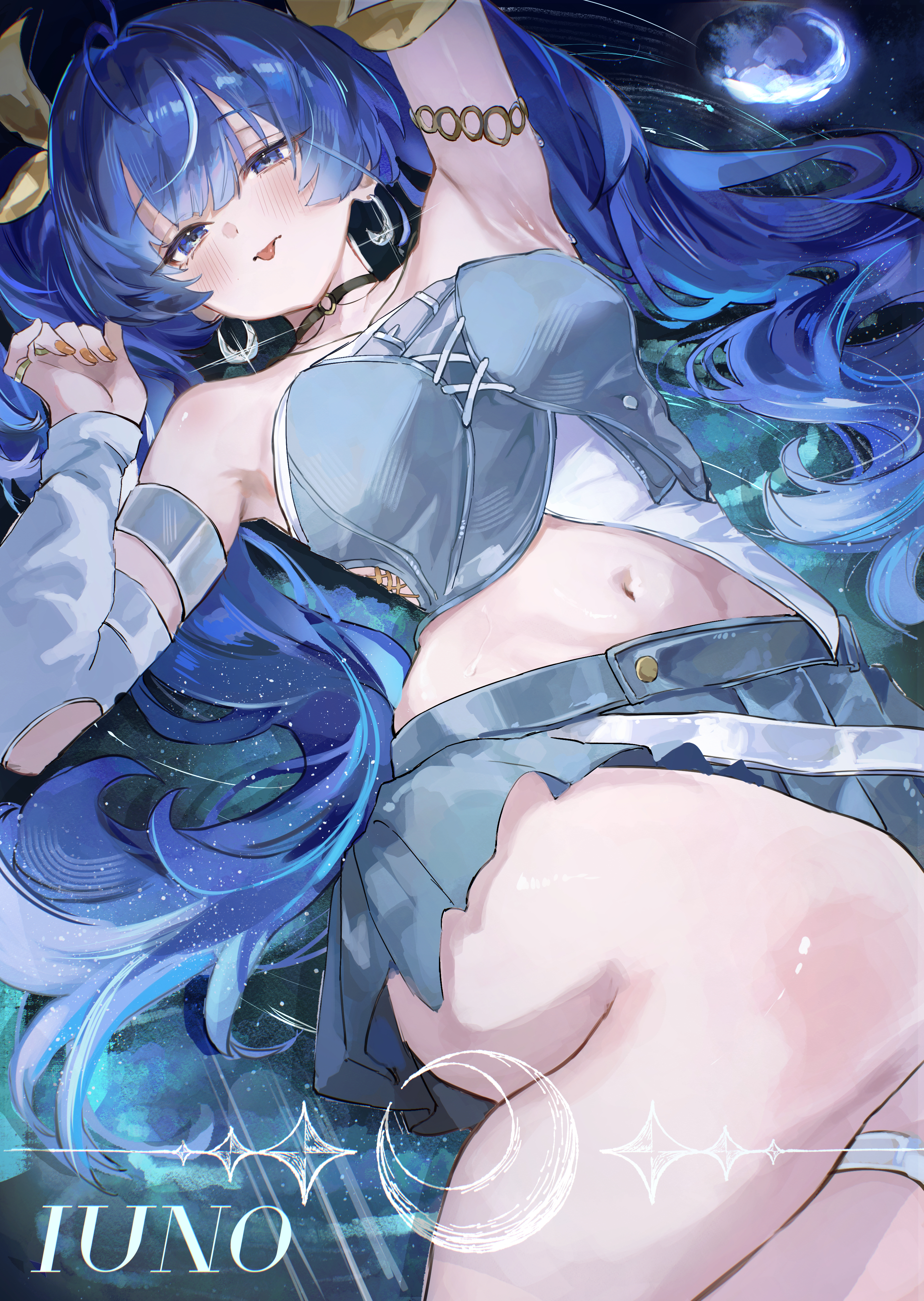 origonz, iuno (wuthering waves), wuthering waves, absurdres, commentary, english commentary, highres, 1girl, :p, arm up, armpits, bare shoulders, black choker, blue eyes, blue hair, blue skirt, breasts, character name, choker, crescent, crescent earrings, earrings, feet out of frame, fingernails, hand up, jewelry, long hair, looking at viewer, medium breasts, multicolored hair, nail polish, navel, official alternate costume, orange nails, ring, skirt, solo, stomach, streaked hair, tongue, tongue out, twintails, very long hair