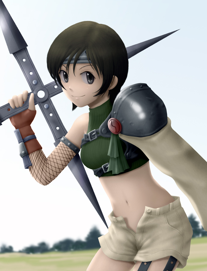 siraha, yuffie kisaragi, final fantasy, final fantasy vii, bad id, bad pixiv id, 1990s (style), 1girl, armor, bare shoulders, black eyes, brown hair, female focus, fingerless gloves, fishnets, gloves, looking back, looking up, midriff, nature, navel, ninja, outdoors, short hair, shorts, sky, sleeveless, sleeveless turtleneck, solo, turtleneck