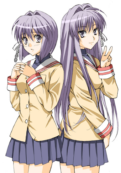 anzu (pixiv475762), sen (sansui), fujibayashi kyou, fujibayashi ryou, clannad, bad id, bad pixiv id, 00s, 2girls, back-to-back, multiple girls, purple eyes, purple hair, school uniform, siblings, sisters, twins, v