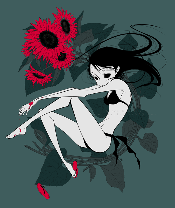 sires r black, original, 1girl, bikini, black bikini, black eyes, black hair, blood, blood on feet, female focus, flip-flops, flower, sandals, shoes, single shoe, skinny, slippers, solo, sunflower, swimsuit