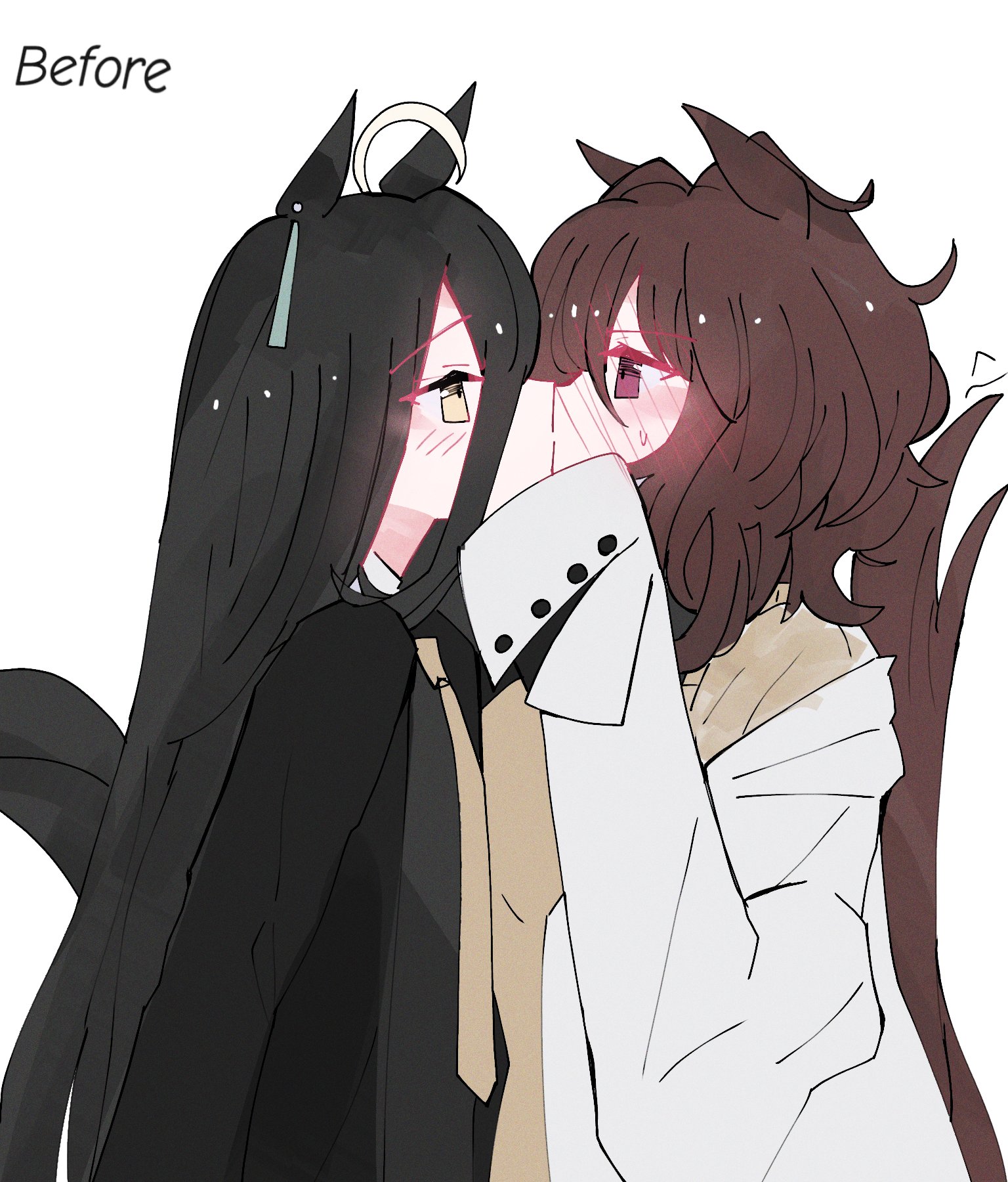 agnes tachyon (umamusume), manhattan cafe (umamusume), umamusume, commentary, english commentary, highres, 2girls, animal ears, before and after, black hair, black shirt, blush, coat, dailytachycafe, eye contact, horse ears, horse girl, horse tail, kiss, lab coat, long hair, looking at another, multiple girls, red eyes, shirt, simple background, sleeves past fingers, sleeves past wrists, sweat, tail, white background, white coat, yellow eyes, yuri