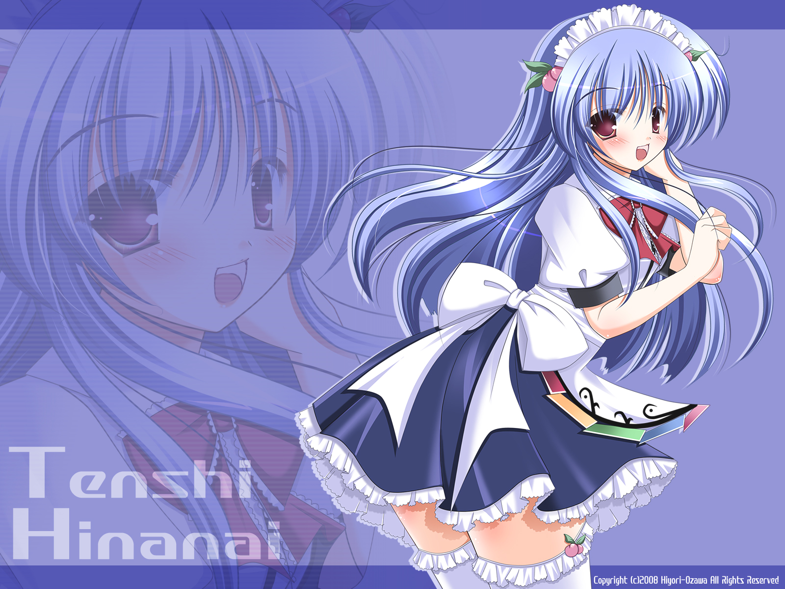 hiyori-o, hinanawi tenshi, touhou, bad id, bad pixiv id, highres, 1girl, alternate costume, blue hair, blush, enmaided, female focus, food, fruit, long hair, maid, peach, red eyes, solo, thighhighs, zoom layer