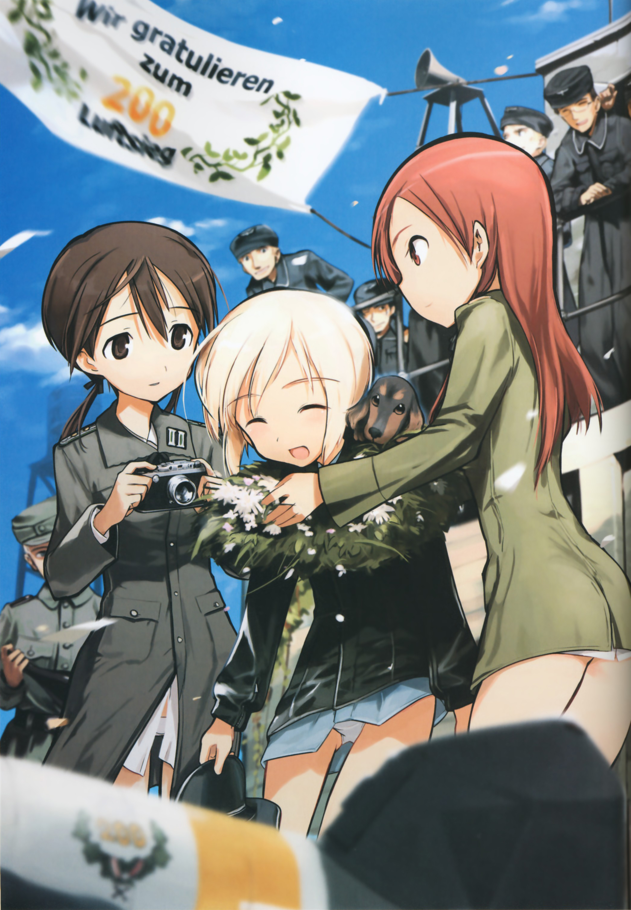 shimada fumikane, erica hartmann, gertrud barkhorn, minna-dietlinde wilcke, strike witches, world witches series, absurdres, highres, translated, 00s, 3girls, blonde hair, brown eyes, brown hair, camera, closed eyes, day, dog, flower, german text, hat, long hair, military, military uniform, multiple girls, panties, pantyshot, ranguage, red eyes, red hair, short hair, sky, smile, twintails, underwear