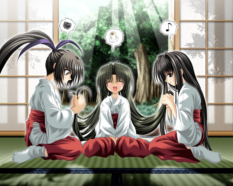noritama (gozen), 3girls, black hair, fang, fusuma, hakama, hakama skirt, japanese clothes, kneeling, long hair, miko, multiple girls, ponytail, red hakama, shouji, sitting, skirt, sliding doors, tatami
