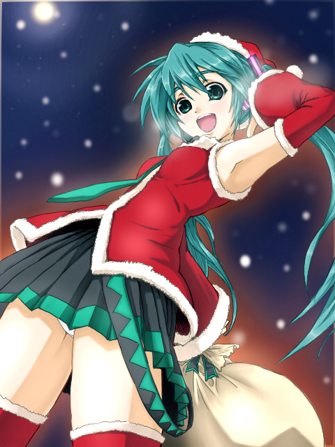 kouya, hatsune miku, vocaloid, 1girl, aqua eyes, aqua hair, bag, christmas, detached sleeves, female focus, necktie, panties, pantyshot, sack, santa costume, skirt, snow, solo, thighhighs, twintails, underwear