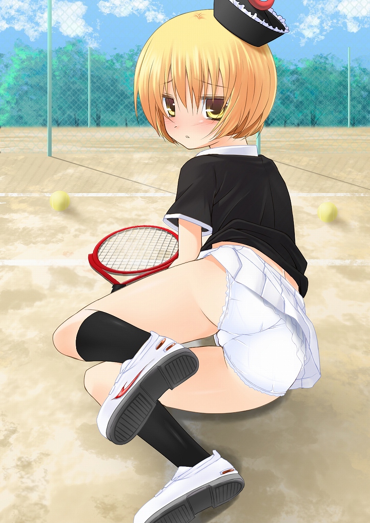 nigo (aozoragarou), lunasa prismriver, touhou, 1girl, alternate costume, arm support, ass, ball, blonde hair, blush, cameltoe, contemporary, fallen down, female focus, from behind, hat, lace, lace-trimmed panties, lace trim, loli, looking back, lying, on floor, on side, panties, pantyshot, racket, shade, shoes, short hair, sneakers, solo, tennis, tennis ball, tennis court, tennis racket, trefoil, underwear, upskirt, white panties, yellow eyes