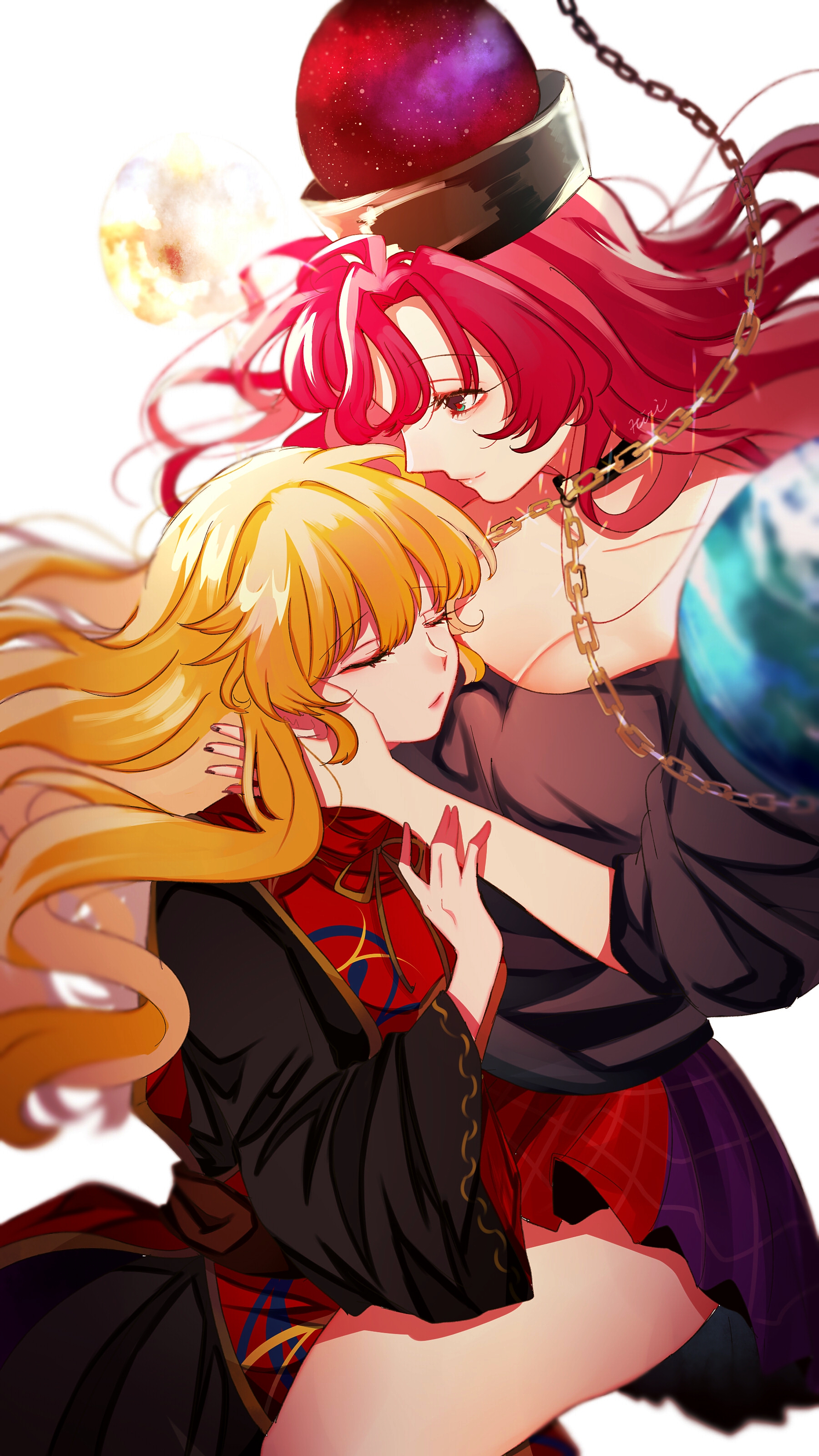 uchisaki himari, hecatia lapislazuli, junko (touhou), touhou, absurdres, commentary request, highres, 2girls, black dress, black shirt, blonde hair, chain, chinese clothes, choker, closed eyes, closed mouth, crescent, dress, earth (ornament), eyelashes, gold chain, hand on another's face, head on chest, long hair, miniskirt, moon (ornament), multicolored skirt, multiple girls, off-shoulder shirt, off shoulder, plaid clothes, plaid skirt, red eyes, red hair, red tabard, shirt, simple background, skirt, t-shirt, tabard, white background, wide sleeves